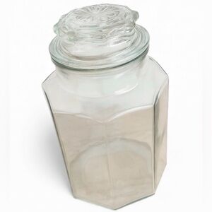 Vintage Clear Glass Hexagon Canister Jar Embossed Lid Farmhouse Decor
